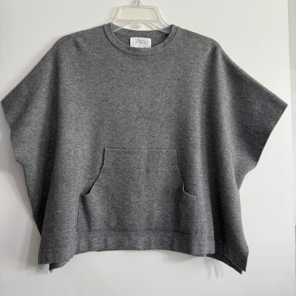 Zara Kids Girls Gray‎ Knit Poncho Pocket Pullover Top Size 9-10 Wool Blend